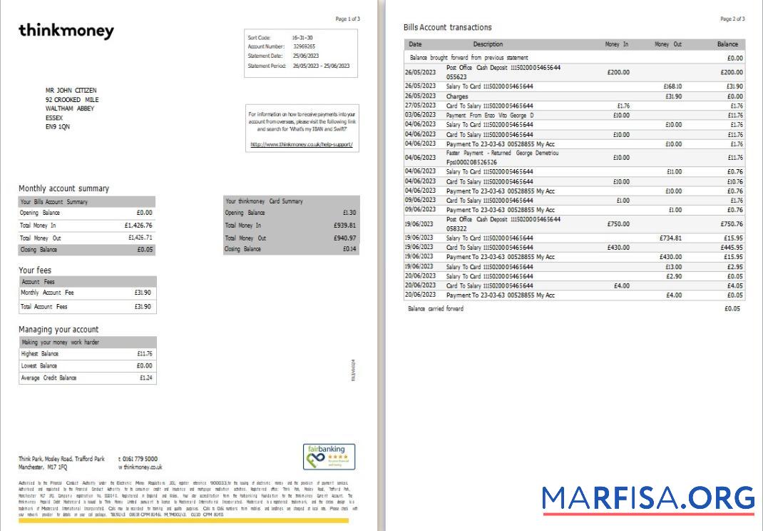 Realistic United Kingdom Think Money bank statement word 3 pages real example